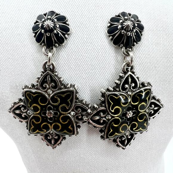 Brighton Clear Rhinestone Black Enamel Danale Medallion Pierced Earrings 2 inch - Picture 1 of 5